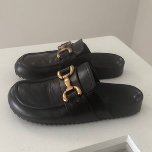 Black faux Leather Like Slip-On Loafer Mules with Gold Buckle